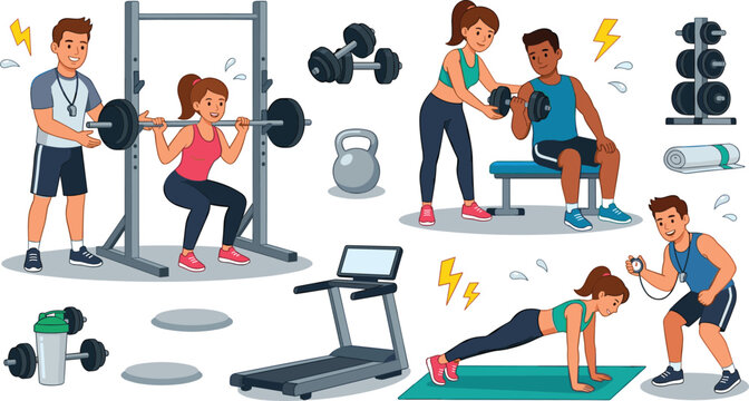 Fitness gym training vector icon set with personal coaches helping people with weightlifting, squats, planks, dumbbells, and cardio equipment illustrations
