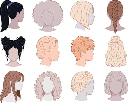 Female hairstyle avatar set featuring diverse hair textures and styles including ponytail afro bob braid space buns pixie cut curls and bangs