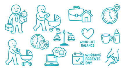 Working Parents Day concept with icons representing work-life balance, childcare, and family.