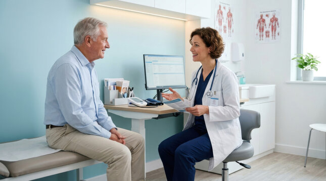 Doctor Consulting With Elderly Patient In Modern Clinic Setting