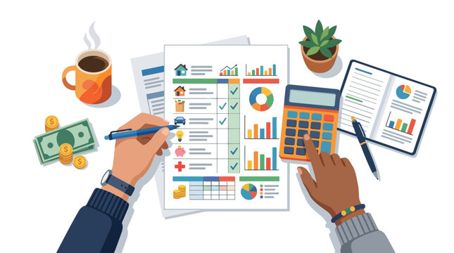 Financial Planning and Analysis: Hands at work over a spread of financial documents, charts, and a calculator, symbolizing meticulous planning, budgeting, and financial management.
