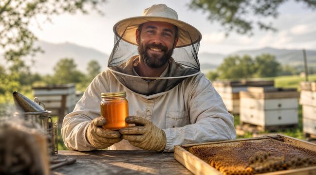 Beekeeper holding jar of honey with honeycomb