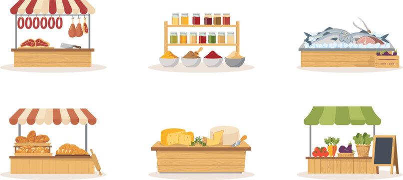 Local street food market stall vector icon set featuring meat, spices, fresh fish, bakery bread, cheese, and vegetables isolated on white background