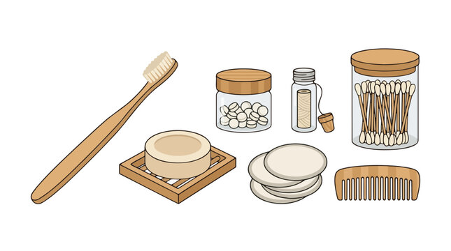 Eco-friendly Bathroom Essentials: A collection of sustainable and natural personal care items, including a bamboo toothbrush, solid soap, cotton pads, and Q-tips, promoting a zero-waste lifestyle.