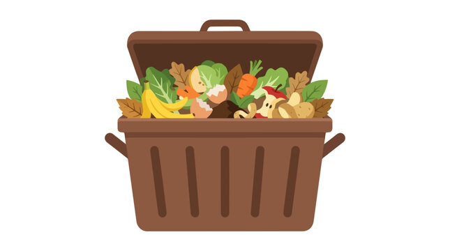Composting Bin Full of Organic Waste: A brown composting bin is overflowing with a variety of fresh organic materials, including fruits, vegetables, and leaves, ready for decomposition.