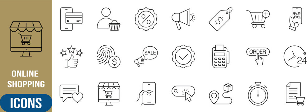 E-commerce online shopping payment icons. shopping cart icon set, credit card icon set, smartphone icon set