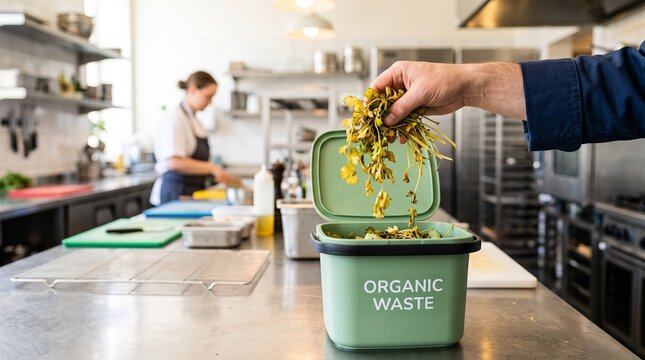 Hand throwing wilted herbs into organic waste bin in kitchen