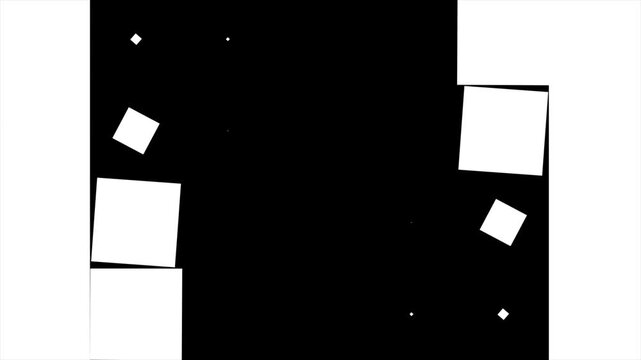 Geometric square matte transition animation loop featuring scaling white blocks moving horizontally across the center with diagonal elements on a black background