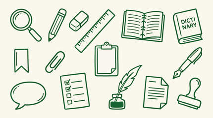 Collection of hand-drawn stationery and office supplies in a doodle style.