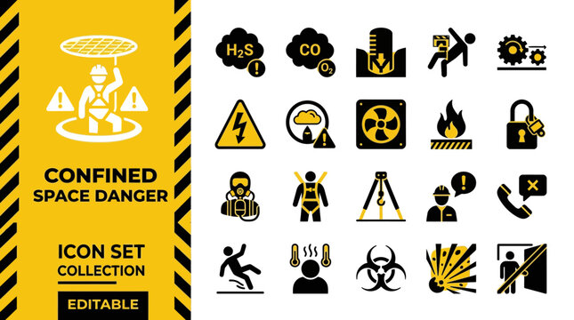 Industrial safety and confined space hazard icon collection