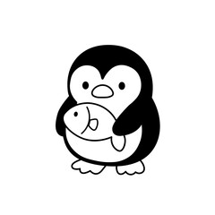 Fototapeta premium ゆるキャラ風ペンギンのモノクロイラスト 咲かなくを持つペンギンのイラスト