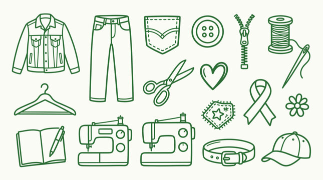 Collection of sewing and crafting icons, including a sewing machine, scissors, thread, and fabric elements.