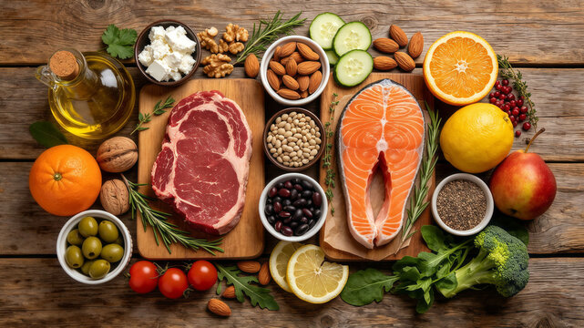 Flat lay assortment of  Healthy food for balanced flexitarian mediterranean diet concept