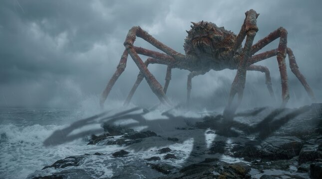 Giant spider crab monster stands on stormy rocky ocean shore in rain.