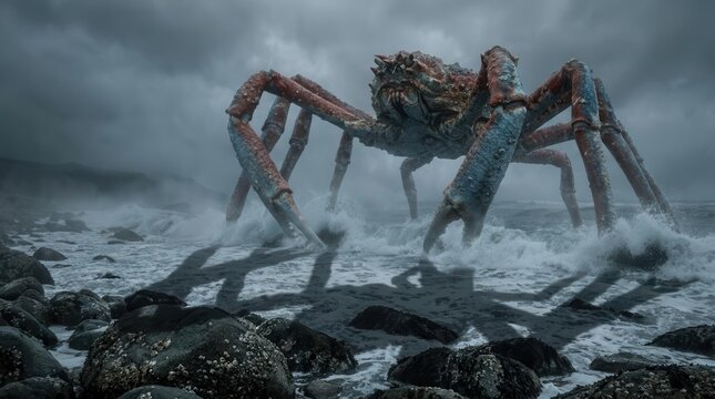 Giant creature emerging from stormy ocean waves onto a rocky coast under dark skies