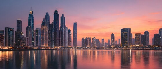 Obraz premium Dubai Skyline at Sunset with Water Reflections.
