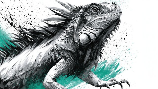 Iguana portrait in high contrast ink drawing.