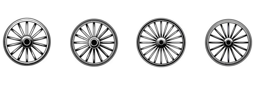 Vintage Wagon Wheels vector. Rustic wooden wheel illustrations with varying spoke designs for western, farm, heritage, and antique artwork.