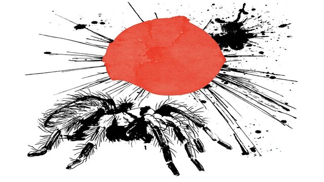 Tarantula spider drawn beneath bold red sun.
