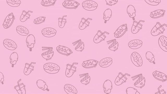 Cute food doodle seamless loop background. Kawaii pink snack pattern animation for cafe and vlog overlay.
