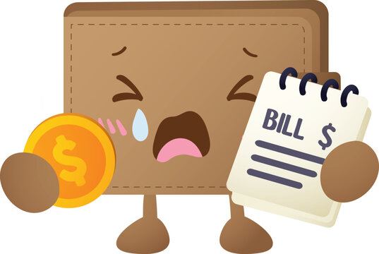 Brown wallet character looks stressed, holding a coin and a bill