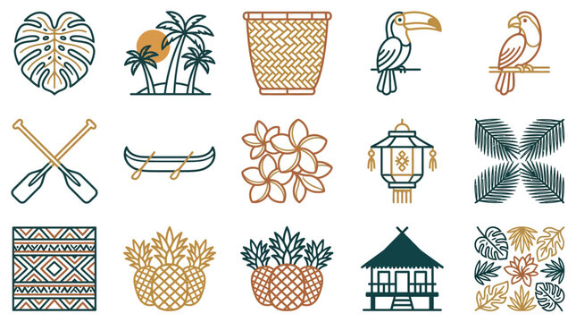 Sleek Tropical and Cultural Set Minimalist Line Art of Plants Birds Boats and Traditional Decor in Gold and Black