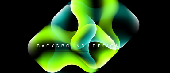 Abstract fluid shapes, vibrant green hues, dark background. Modern design element, flowing forms, dynamic composition.
