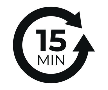 15 MIN fifteen minutes timer with circular arrow vector icon silhouette