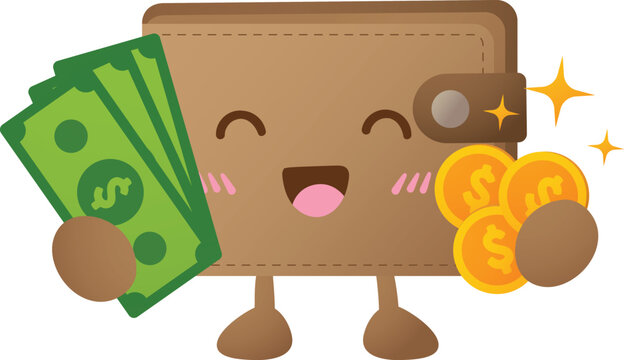 Kawaii wallet smiles joyfully with money and coins
