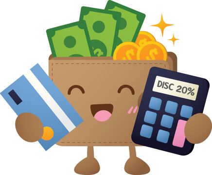 Cute wallet character smiles with money and a calculator