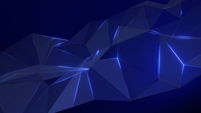 Dark blue 3D low poly surface with glowing neon edges. Seamless looping geometric background animation.