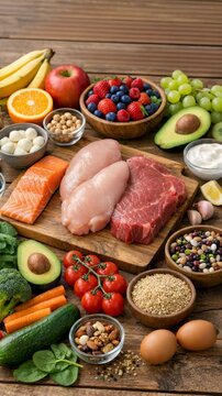 A variety of healthy foods including fruits, vegetables, protein sources, and grains.