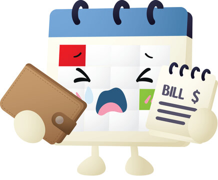 Crying calendar holds wallet and bill, stressed by expenses