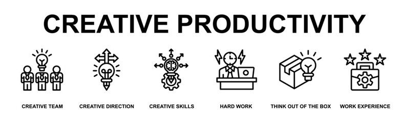 Creative Productivity Banner Web Outline Icon Vector Illustration Concept for Business with Icons of Creative Team, Creative Direction, Creative Skills, Hard Work, Think Out of The Box © Naba