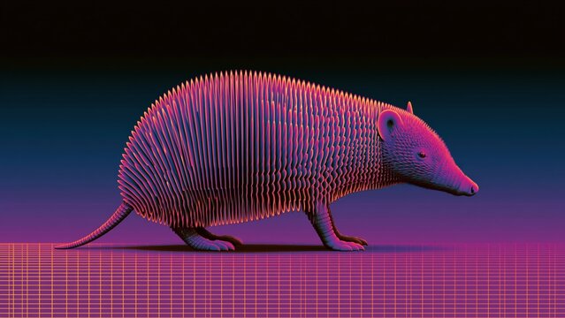 Armadillo rendered in retro synthwave grid style.