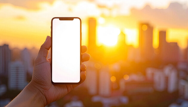 夕暮れの街並みを背景にスマートフォンを掲げる手（画面白・モックアップ・コピースペース）