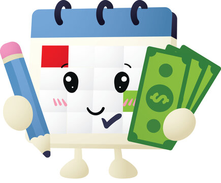 Cute calendar character holds pencil and cash