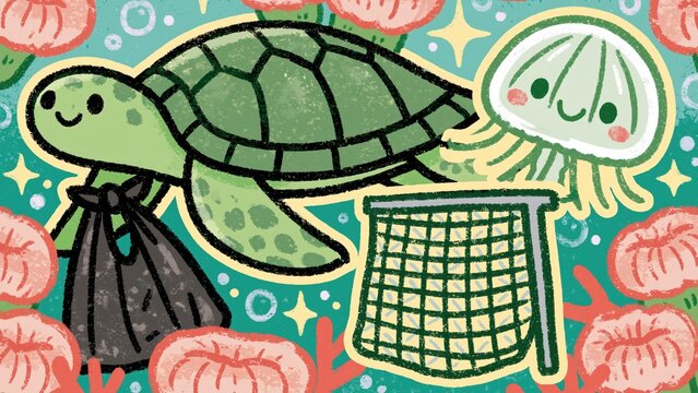 Cute sea turtle swimming away with trash.