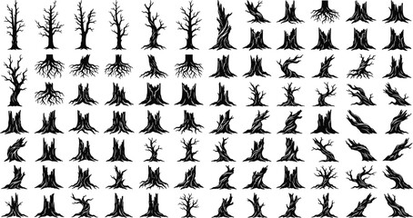 Dead Tree Stump and Root Silhouette Vector Collection for Nature Design Elements © MstJahanara