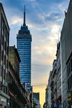Torre Latinoamericana at sunset in downtown Mexico City