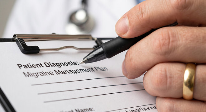 Doctor hands holding pen and writing patient diagnosis for migraine management plan on medical clipboard.