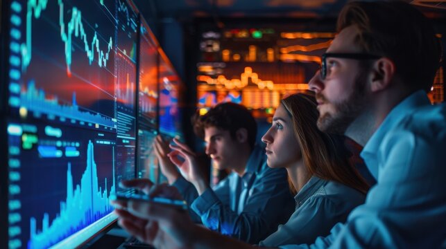 Financial experts analyze fluctuating stock market data on a glowing interactive wall inside a high-tech command center.