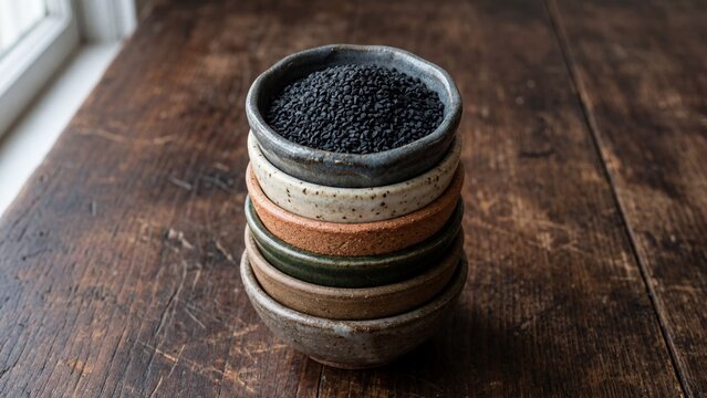 Black cumin seeds in stacked ceramic bowls on rustic wooden table
