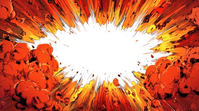Dynamic comic book explosion effect with speech bubble burst. Vibrant action art style for impactful graphic design and storytelling.
