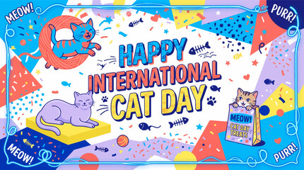 Fototapeta premium Celebratory cats with colorful confetti with fish illustrations _ International Cat Day , 8 August