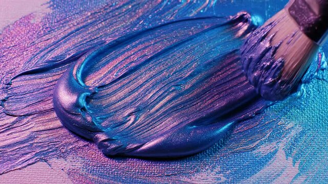 Paintbrush spreading iridescent blue and purple paint with shimmering texture on canvas, creating abstract strokes, artistic creation, vibrant hues