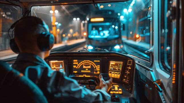 Train conductor manages the controls of a subway carriage while navigating through a dark tunnel.