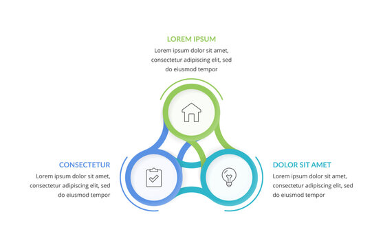 Business infographic template featuring three interconnected circular segments, designed for workflow visualization and process management