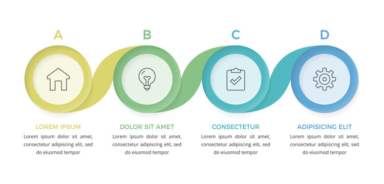 Infographic template featuring four circular nodes connected by a flowing wavy line, suitable for timeline or data visualization