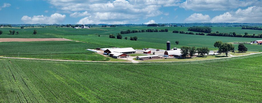 Panorama Aerial View of Farm homesteads and Corn Production Fields in South Western Wisconsin